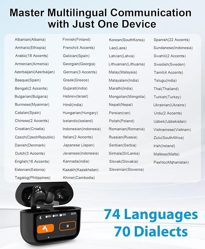 Ai Translation Earbuds Real Time 144-Language Translator Earbuds with Accent Support and 8-Language Offline Translator Device Two Way Translation Headphones for Language Learning Travel Business Black