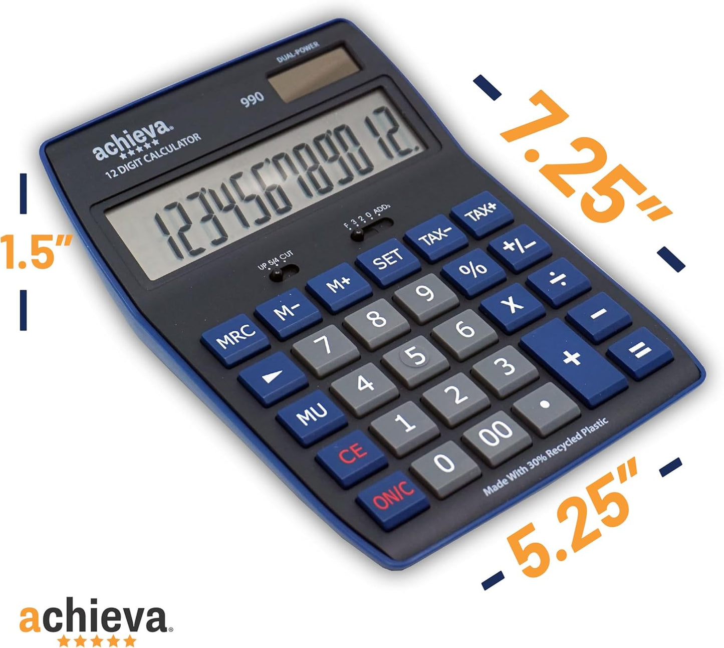 Achieva 12-Digit LCD Display Desktop Calculator | Blue | Mark Up Key, Selectable Decimal & Rounding Switches | Dual Solar/Battery Power | for Home, Office, School (990)