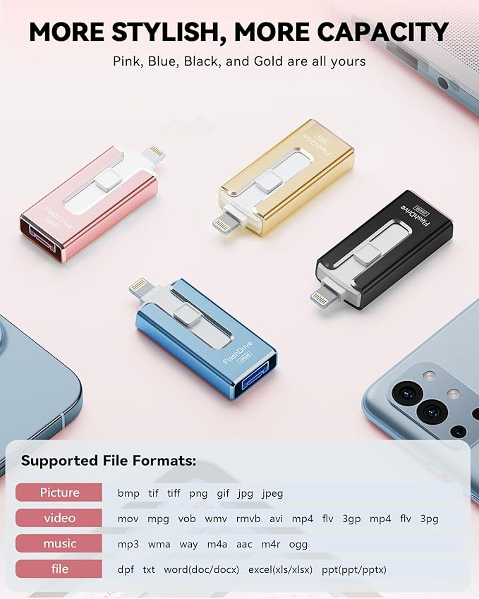 MFi Certified 256GB Flash Drive for iPhone iPad, Photo Stick for External Memory Storage, Easily Back Up and Save Photos Videos, 4 in 1 Memory Stick Thumb Drive for iPhone/iPad/Android/PC (Light Pink)