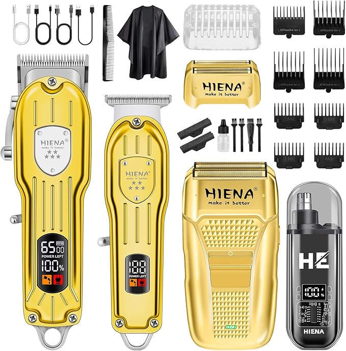 HIENA PRO Professional Hair Clipper Set, Rechargeable Cordless Barber Kit and Hair Cutting Set, Electric Foil Shavers and Beard Trimmers, Ear, Nose Hair Trimmer Set & Facial Grooming Tool (Gold)