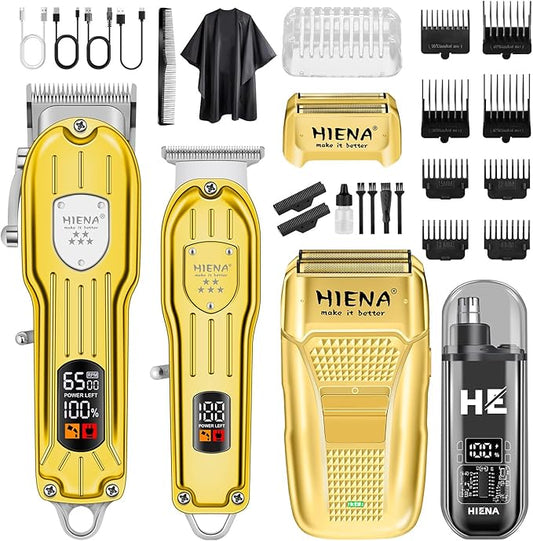 HIENA PRO Professional Hair Clipper Set, Rechargeable Cordless Barber Kit and Hair Cutting Set, Electric Foil Shavers and Beard Trimmers, Ear, Nose Hair Trimmer Set & Facial Grooming Tool (Gold)
