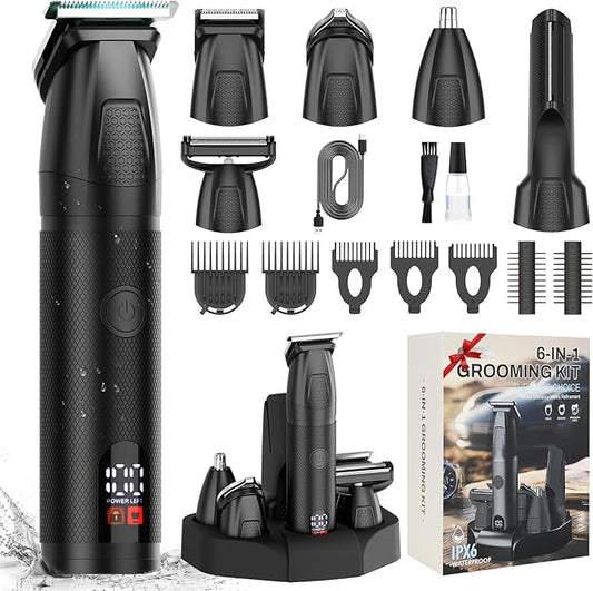 Beard Trimmer for Men Professional with Hair Clippers, 6-in-1 Cordless Hair Trimmer Set, IPX6 Waterproof Mens Grooming Kits Electric Razor for Face,Mustache,Body,Ear,Nose,Gifts