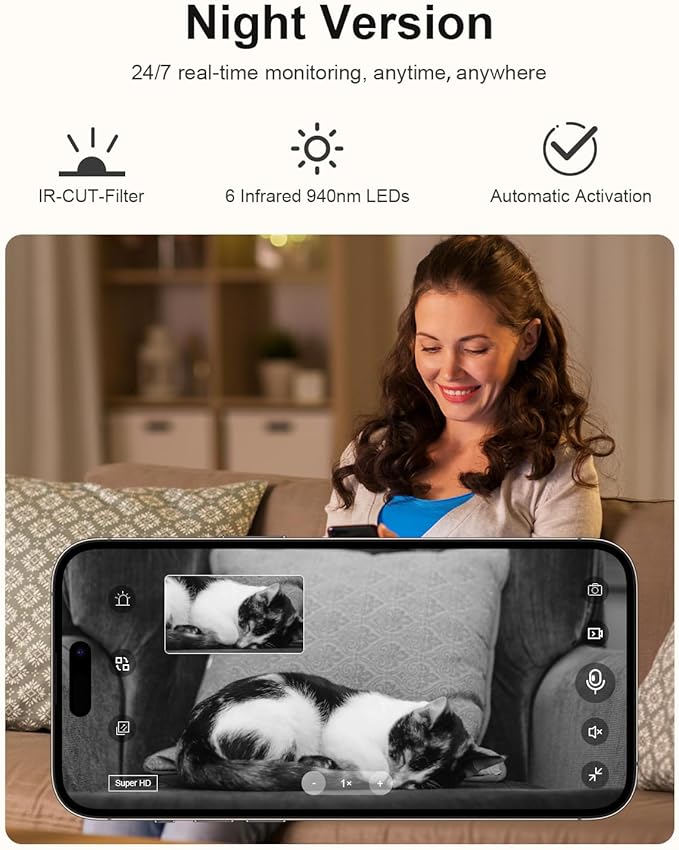 4K Wireless Security Camera, WiFi Indoor Camera, Cameras for Home Security, Baby Monitor, Nanny Cam with Night Vision, AI Motion Detection, Live View