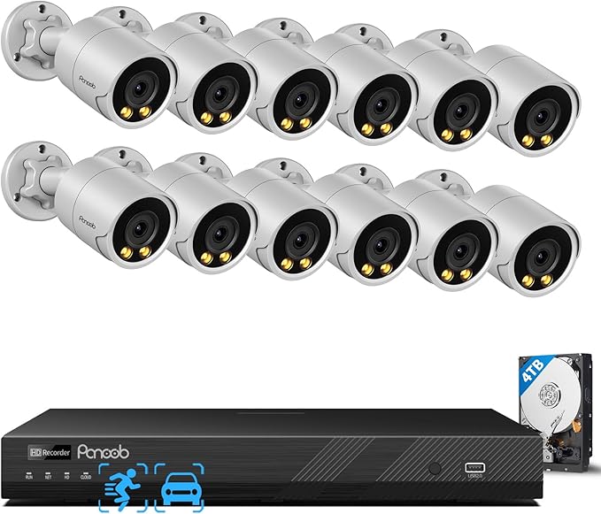 16 Channel Security Camera System PoE, 4K 16CH NVR 4TB HDD, 12X 5MP Wired Surveillance IP PoE Cameras Outdoor, AI Human Vehicle Detection, Built-in Microphone, Color Night Vision, PB38F1216-5M
