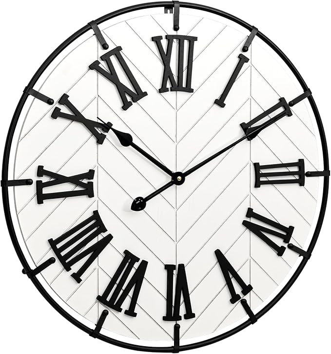24 Inch Large Wooden Wall Clock – Extra Large Farmhouse Wall Clock with 3D Roman Numerals, Modern White Round Wood & Metal Clock for Living Room, Silent & Accurate Timekeeping