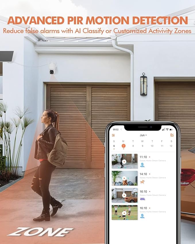 Dzees Solar Security Cameras Wireless Outdoor, 2K Battery Powered Security Camera, 360° PTZ Camera with Spotlight, Siren, Color Night Vision, AI Dectection, IP66 for Home Security, 2.4GHz 4-Pack