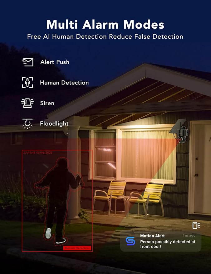 2K Solar Security Cameras Wireless Outdoor, 360°PTZ Battery Powered Cameras for Home Security, 2.4G WiFi Outdoor Camera with Color Night Vision, IP66 Waterproof, Motion Sensor Alarm, Black