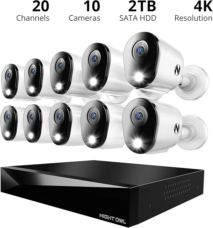 Night Owl 2-Way Audio 20 Channel DVR Video Home Security Camera System with (10) Wired 4K HD Indoor/Outdoor Deterrence Cameras and 2TB Hard Drive (Add up to 4 Wi-Fi Cameras) (10 Camera)