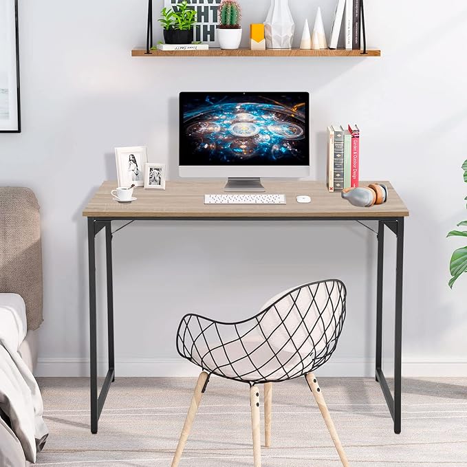 PayLessHere | 39 Inch Computer Desk | Nature | Office Desk with Metal Frame, Adjustable Feet | Water-Resistant, Scratchproof Surface | Sturdy Writing Table for Home Office or Study | Pack of 1