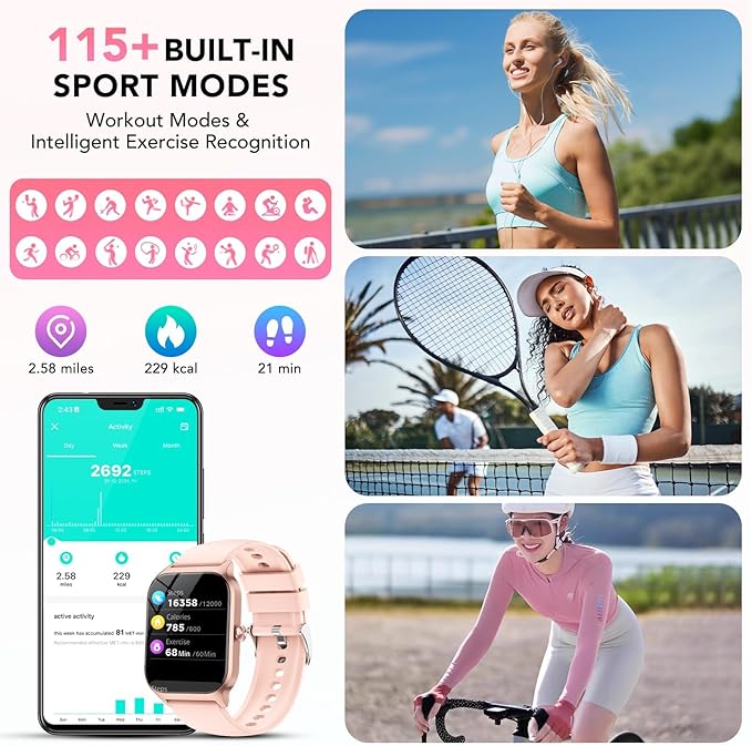 Smart Watch for Men Women, 1.85" HD Fitness Tracker with Bluetooth Calls/AI Voice Control, IP68 Waterproof, 115+Sports Modes, 24/7 Heart Rate/Sleep Fitness Watch Compatible with iOS/Android , Pink
