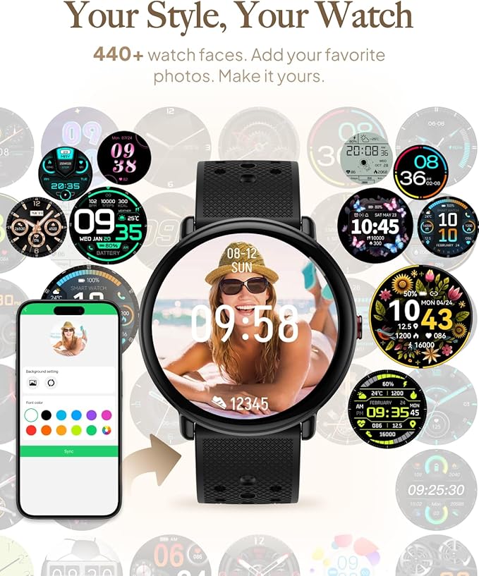 Smart Watch for Women Men, for Android iOS with Sleep & Calorie Monitor, Pedometer Fitness Tracker, Bluetooth Call, IP68 Waterproof, 112+ Sport Modes Round Face Smartwatch (Casual, Black, 1.39)