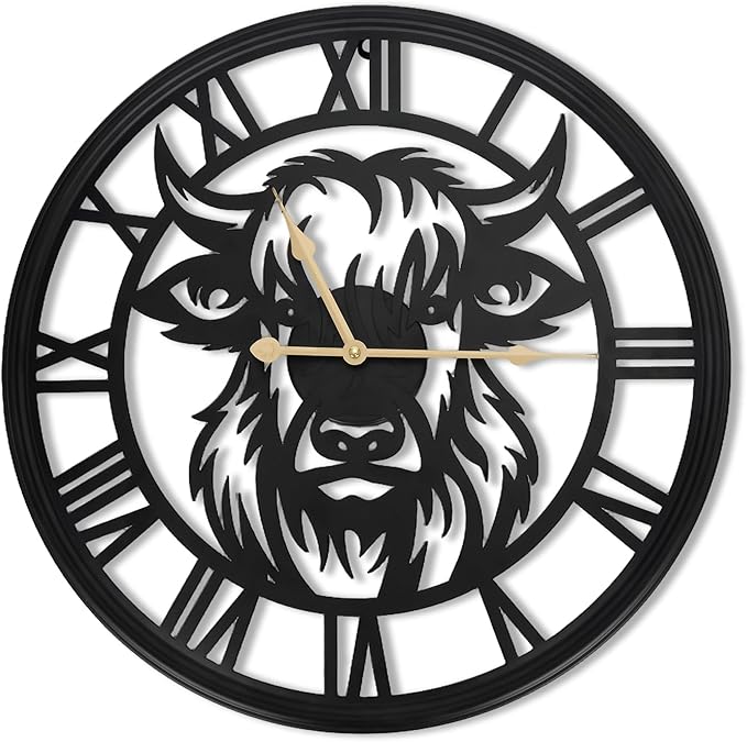 16inch Large Wall Clocks for Living Room Decor,Wall Clocks Battery Operated, Black Slient Metal Decorative Wall Clock for Bedroom, Kitchen, Dining Room (Highland Bull Wall Clock, 16 Inch)