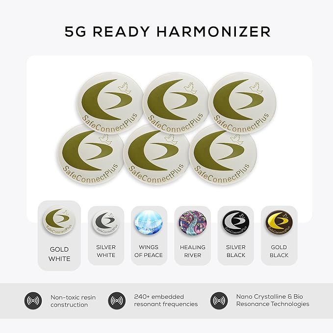 Pack of 6 EMF Stickers for Cell Phone- 5G Ready Harmonizer Stickers Proudly Made in USA for Cell Phones, Laptops or Tablets- EMF mega Shield for All Electronic Devices (Gold-White)