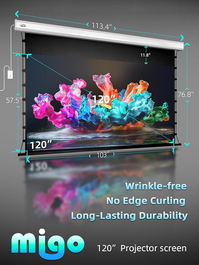 Migo 120 inch Pull Down Projector Screen, Soft White Super 3.0 Gain 16:9 4K Ultra HD Tab-Tensioned Ceiling Mount Projector Screen for Long Throw or Short Throw Projector Movie Home Theater Cinema
