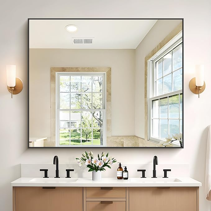 40x48inch Black Bathroom Mirror, Black Rectangle Mirror with Frame, Large Rectangular Wall Mirrors for Bathroom, Living Room, Hair Salon, Big Farmhouse Mirror Hang Horizontal/Vertical