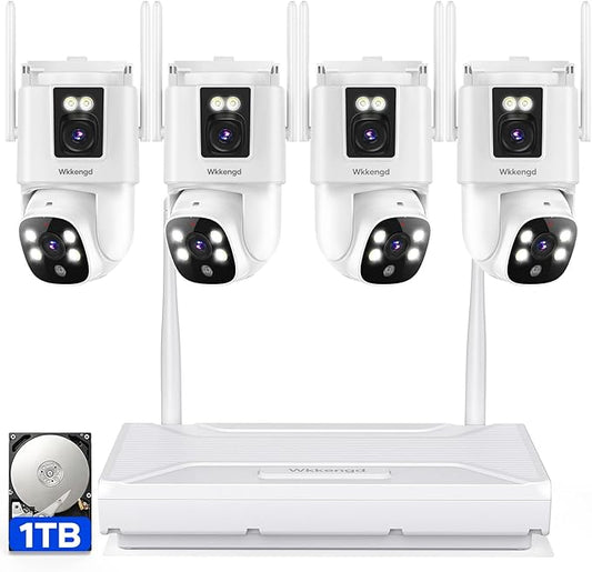 Wireless Security Camera System Outdoor: 4pcs 6MP Dual Lens Dual Screen PTZ Outdoor Cameras with Auto Tracking, 4K 10CH 1TB HDD NVR for Home Security, Color Night Vision, 24/7 Record