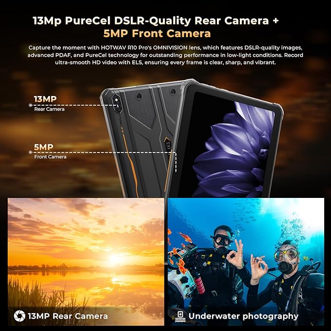 HOTWAV R10 Pro 2025 Rugged Tablet Android 14-10.1 Inch HD+ 10800mAh Waterproof Tablet, 20GB RAM+256GB ROM/1TB TF Outdoor Tablets, 13MP+5MP Camera Octa-Core IP68&IP69K/4G-LTE/5G WiFi/Face ID/GPS/OTG