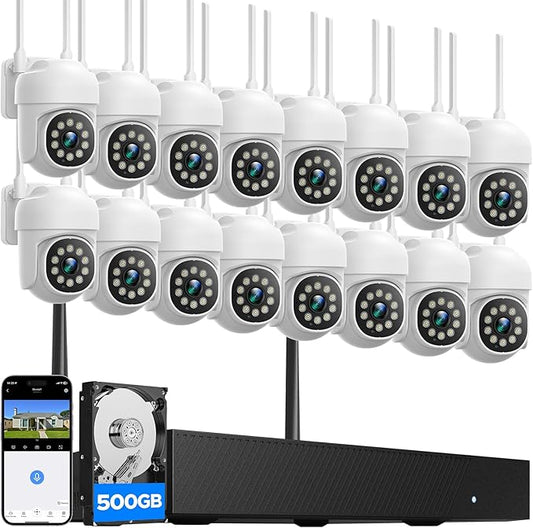 CAMCAMP 16 Channel Security Camera System Wireless Cameras for Home Security, Pan & Tilt 360° View, Auto Human Tracking, 4K NVR w/ 500GB, Two-Way Audio, 3 Night Vision, CCTV Surveillance Kit(16, CAM)