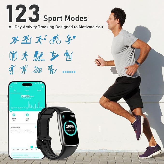 Fitness Tracker with 24/7 Heart Rate, Blood Pressure Blood Oxygen Sleep Monitor, 123 Sports Modes Calories Smart Watch,IP68 Waterproof Step Counter Activity Trackers Pedometer for Women Men