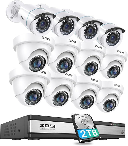 ZOSI H.265+ 1080p 16 Channel Security Camera System, 16CH DVR with AI Human Vehicle Detect, 12 x 2MP Weatherproof Surveillance CCTV Bullet Dome Camera Outdoor, Night Vision, Remote Access, 2TB HDD