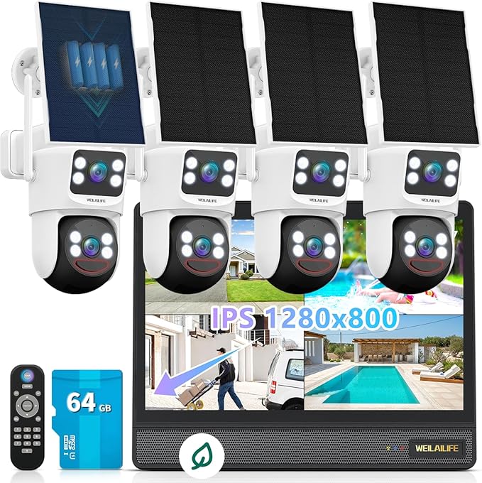 【All-in-One Security System】 Security Cameras Wireless Outdoor, WiFi Home Video Surveillance Systems, Solar Powered PTZ Security Camera System DVR Kits