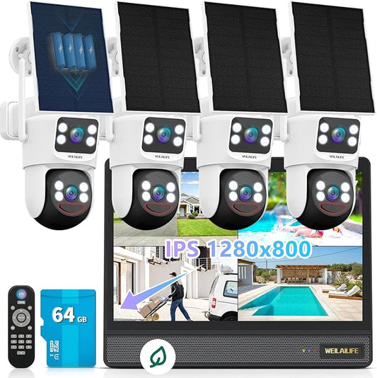 【All-in-One Security System】 Security Cameras Wireless Outdoor, WiFi Home Video Surveillance Systems, Solar Powered PTZ Security Camera System DVR Kits