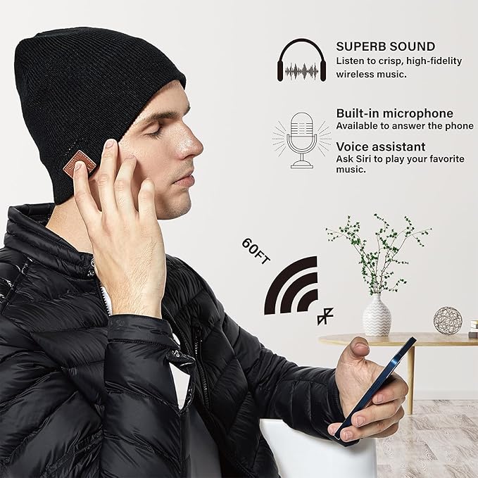 Merino Wool Bluetooth Beanie, HD Stereo,30 Hours Play Time,Built-in Microphone, Men's/Women's Christmas Electronic Gift (Black)