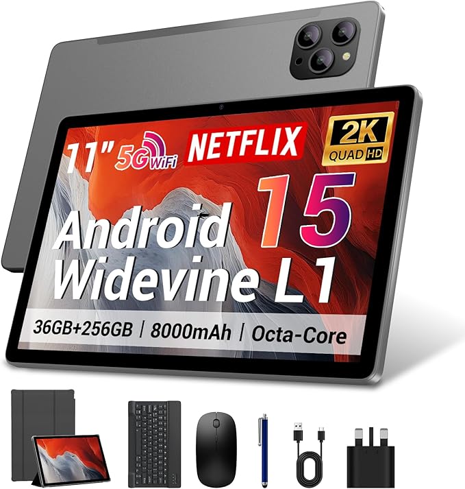 2025 Android 15 Tablet 11 Inch with Keyboard Stylus Mouse: 2K IPS Tablette (2000x1200) 丨Widevine L1,36GB+256GB(1TB TF), 5G/2.4G WiFi, 8-Core, 8000mAh,8+13MP, AnTuTu 255K丨GMS丨FCC丨CE- Gray