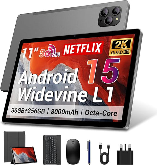 2025 Android 15 Tablet 11 Inch with Keyboard Stylus Mouse: 2K IPS Tablette (2000x1200) 丨Widevine L1,36GB+256GB(1TB TF), 5G/2.4G WiFi, 8-Core, 8000mAh,8+13MP, AnTuTu 255K丨GMS丨FCC丨CE- Gray