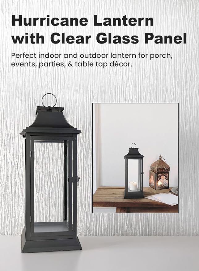 Serene Spaces Living 25" Tall Black Decorative Hurricane Lantern with Clear Glass Panels - Indoor Lantern and Outdoor Lantern for Porch, Events, Parties, & Table Top Decor - Extra Large Lantern
