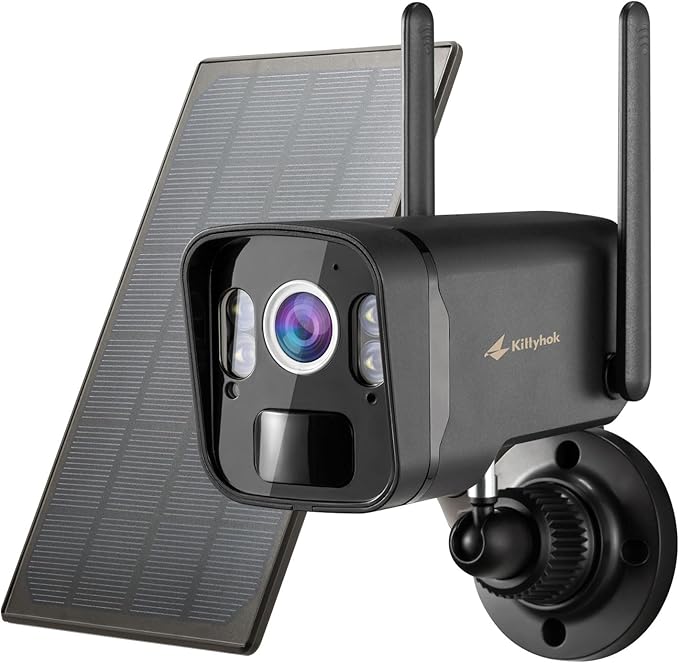 Kittyhok Solar Security Camera System, 4pcs Black 2K Wireless Solar Security Camera Outdoor, Human Detection, Spotlight, 10CH NVR, Local Storage, No Monthly Fee