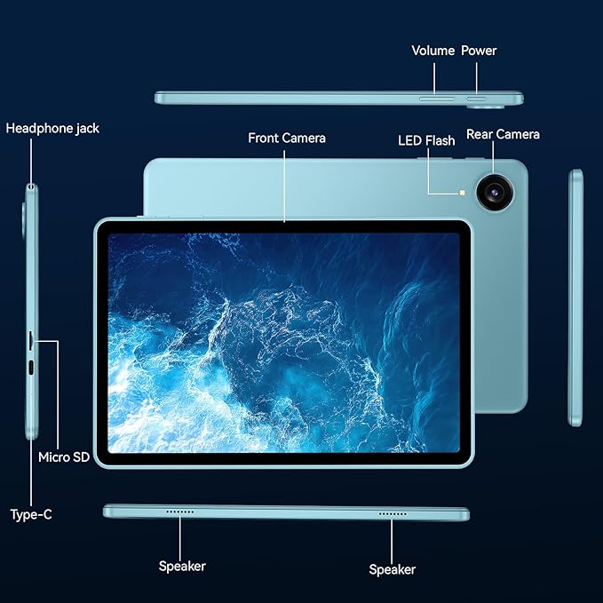 Tablet, Android 15 Tablets with 10.1 inch HD Display, 128GB Storage 1TB Expand, Octa-Core Processors, 6000mAh, Widevine L1, GPS, Dual Camera, WiFi 5, BT5.0 (Blue)