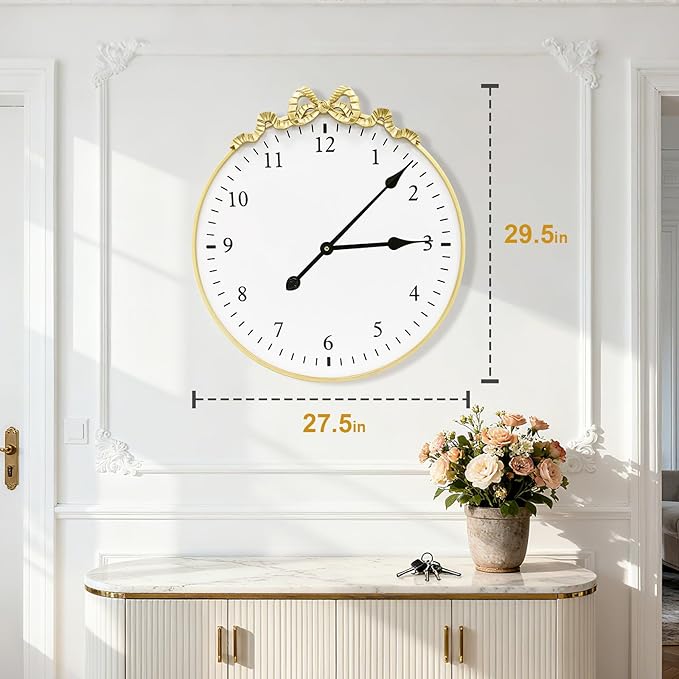 Large Vintage Gold Wall Clock, 27.5inch Decorative Round Wall Clocks with Bow Decor for Living Room, Retro Metal Battery Operated Clocks for Bedroom, Dining Room,Office