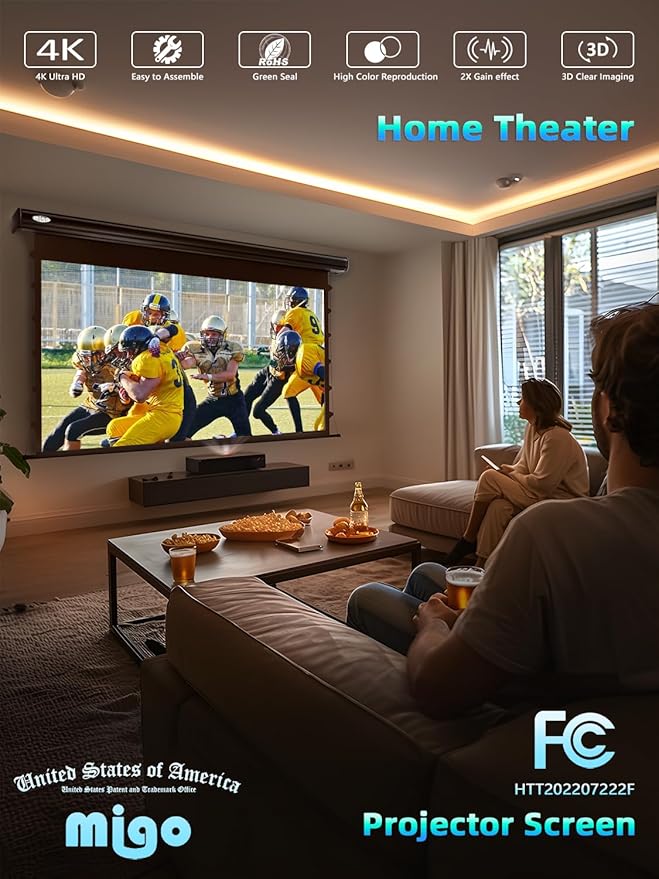 MIGO 100 Inch Projector Screen Tab-Tension,Motorized Projector Screen Pull Down with 4K HD Partial Ambient Light Remote,Wall Mount Ceiling Mount Automatic Movie Screen for Home Theater(Black Housing)