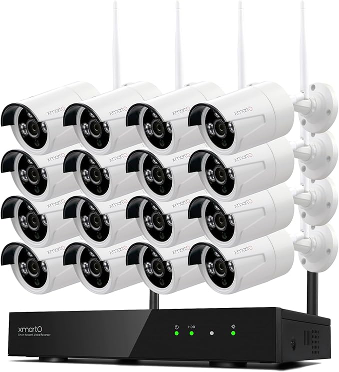 XMARTO Wireless Security Camera System 16CH Wi-Fi 6 16PC 2K Wireless Security IP Camera System(Built-in Router, Plug N Play, Mobile View, Night Vision, Built-in Audio Mic)