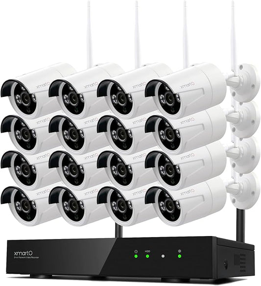 XMARTO Wireless Security Camera System 16CH Wi-Fi 6 16PC 2K Wireless Security IP Camera System(Built-in Router, Plug N Play, Mobile View, Night Vision, Built-in Audio Mic)