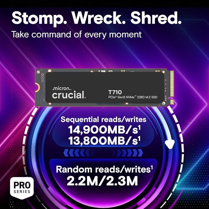 Crucial T710 PCIe Gen5 NVMe 2TB SSD, Up to 14,900 MB/s, Laptop & Desktop Compatible (PC), for Creatives and Hardcore Gamers, Solid State Drive, Includes 1Mo Adobe CC – CT2000T710SSD8-01