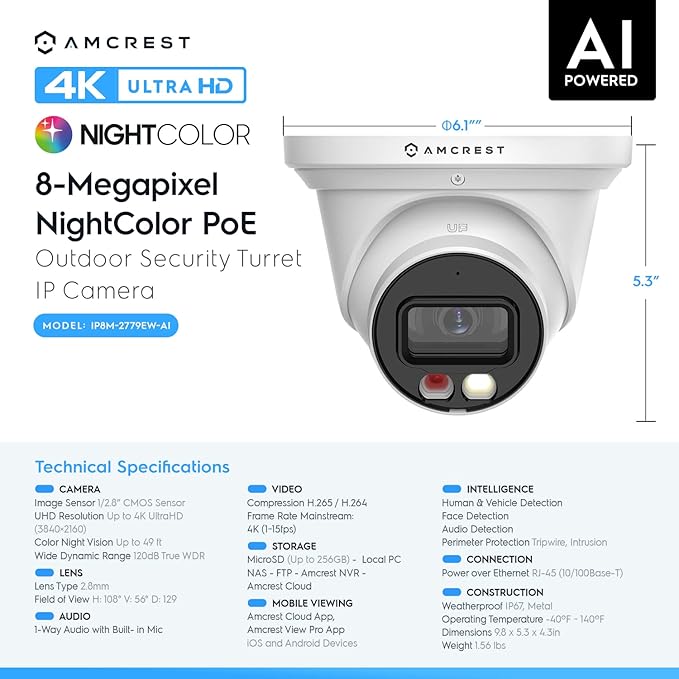 Amcrest 2-Pack UltraHD 4K (8MP) IP PoE AI Camera, 49ft Nightcolor, Security Outdoor Turret Camera, Built-in Mic, Human Detection, Active Deterrent, 129° FOV, 4K@15fps 2PACK-IP8M-2779EW-AI (White)