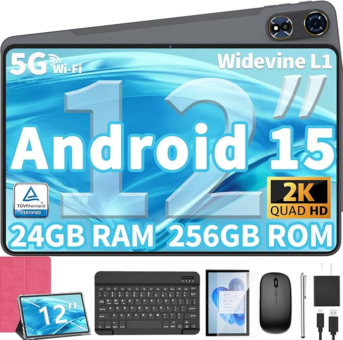 12 Inch Tablet Android 15 Tablets, 2026 Upgraded Android Tablet with Keyboard, 24GB RAM+256GB ROM(1TB Expand), Octa-Core, 2K 2000x1200 Display, 16MP Dual Camera, 8000mAh, 2.4G/5G WiFi, GPS (Pink