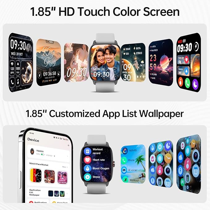 Smart Watches for Women Men with Bluetooth Call & AI Voice, 1.85" HD Fitness Tracker with Heart Rate SpO2 Sleep Monitor, 100+ Sports Modes,Mini Games, IP68 Waterproof Smartwatch for Android iOS Phones