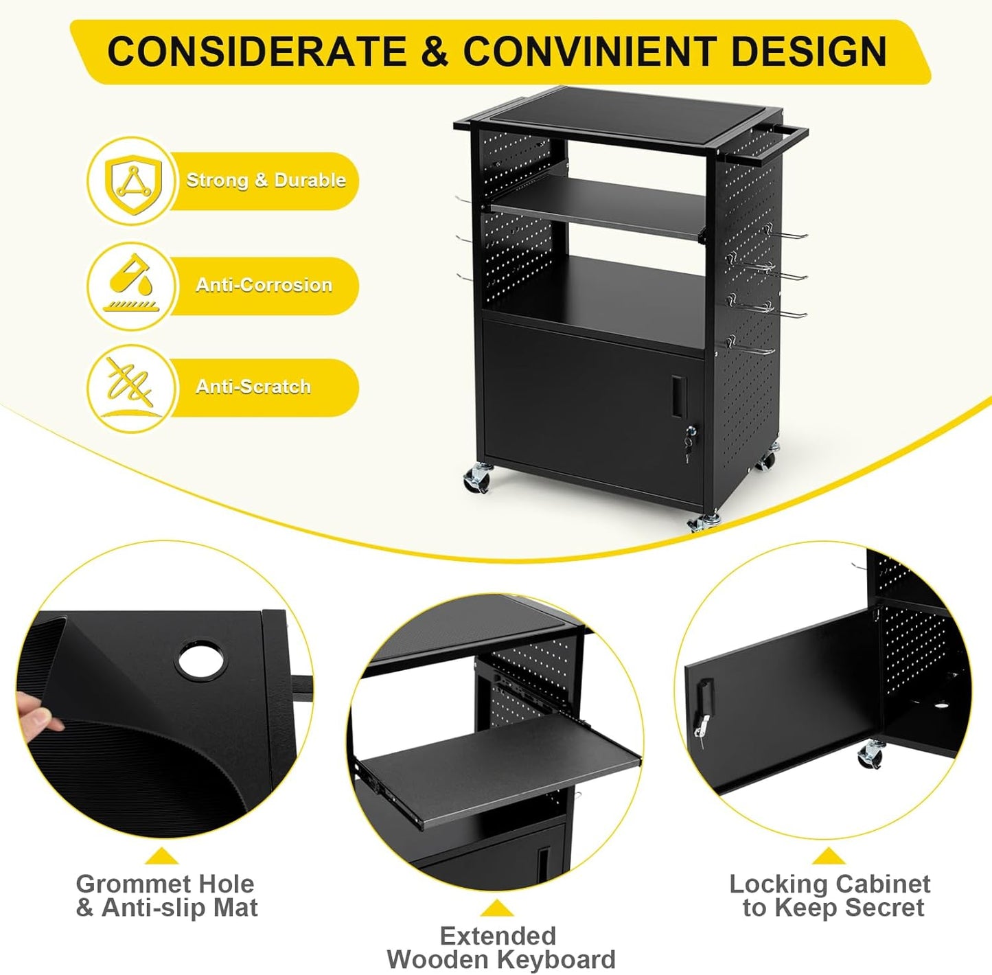 Mobile AV Cart with Locking Cabinet & Wheels, Heavy Duty Rolling Media Cart with Customized Pegboard & Hooks, Multipurpose Utility Cart 100lbs Load Capacity, Black