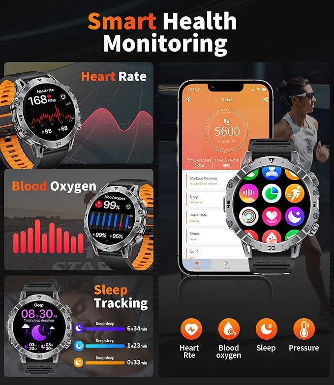 LIGE Smart Watches for Men 1000mAh Battery/LED Flashlight/3 Straps, 1.7" Ultra HD Screen Outdoor Smartwatch with 111 Sports Modes, Bluetooth Call 5ATM Waterproof Fitness Tracker Android iOS,Silicone