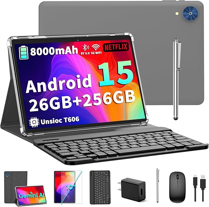 Android 15 Tablet with Keyboard - 26GB+256GB+2TB Expand, Octa-Core, 2.4G/5G Wifi, 8000mAh Battery, Widevine L1, Dual Camera, Face Unlock, 10 Inch 2 in 1 Tablets with Mouse, Stylus (Silver Case)
