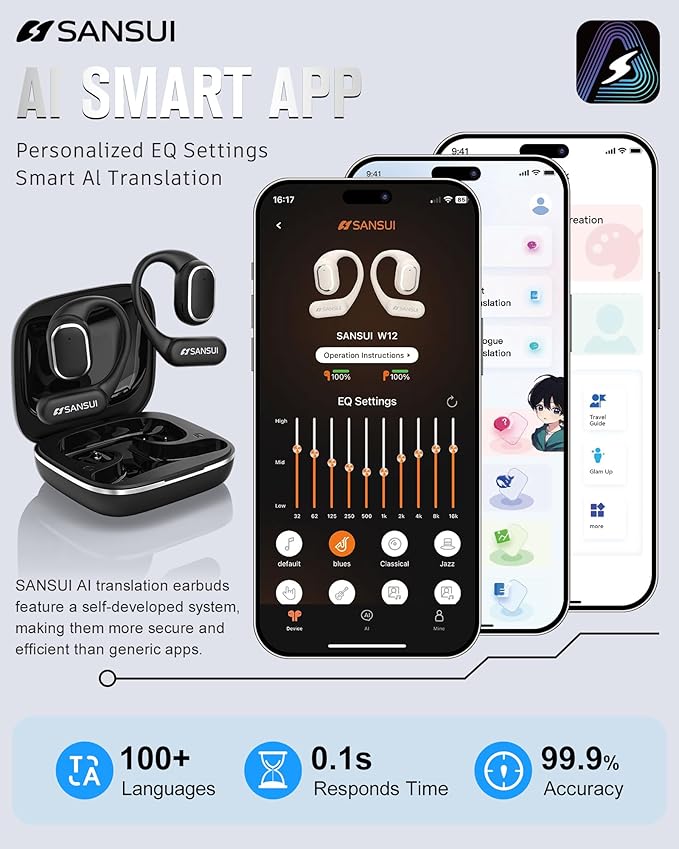 SANSUI AI Translation Earbuds Real Time,6-in-1 Bluetooth 6.0 Language Translator Earbuds,Audifonos Traductores Inglés Español,Translating Device,Translate Ear Buds with Charging Cradle(Matte Black)