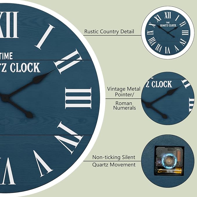 ARTPOWER Large Farmhouse Wall Clock, 24” Shiplap Wall Clock with Roman Numeral, Nearly Non-Ticking, Round Wall Clocks for Living Room Decor, Office, Bedroom, Entrance, Blue