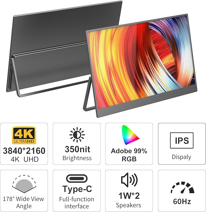 Portable Monitor, 4K UHD 15.6inch Lightweight Travel Monitor for Laptop Xbox PS5 MacBook, Ultra High Definition Laptop Screen Extender USB-C HDMI One-Click Connection
