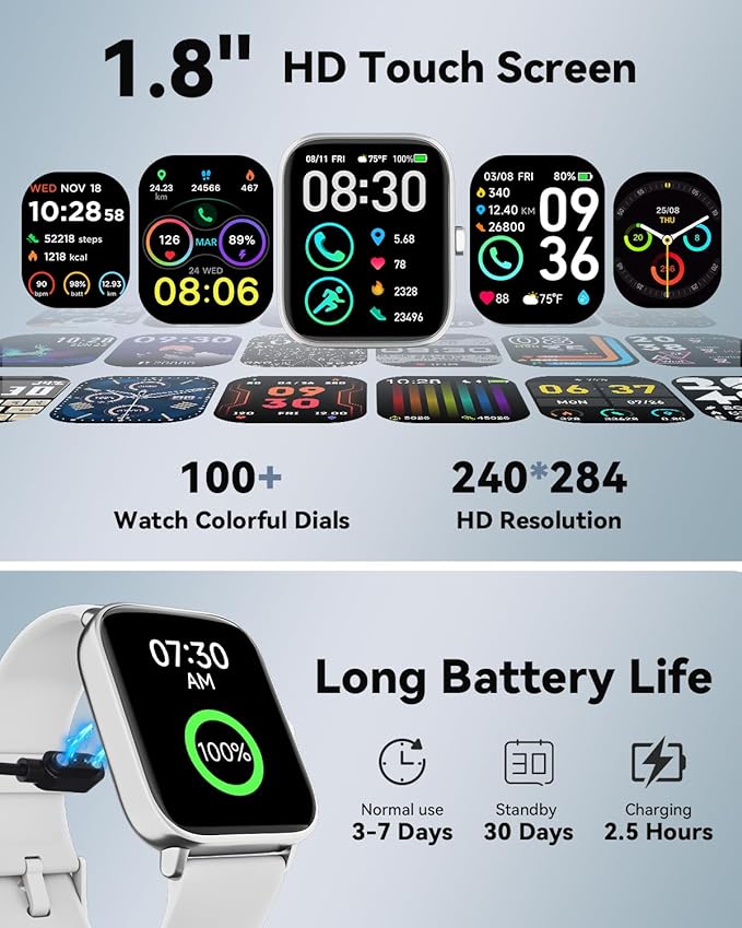 Smart Watches for Women/Men, Smart Watch for Android Phones and iPhone Compatible, Alexa Built-in, 1.8" Fitness Watches for Women, IP68 Waterproof /Bluetooth Call, Heart Rate/Sleep Monitor, White