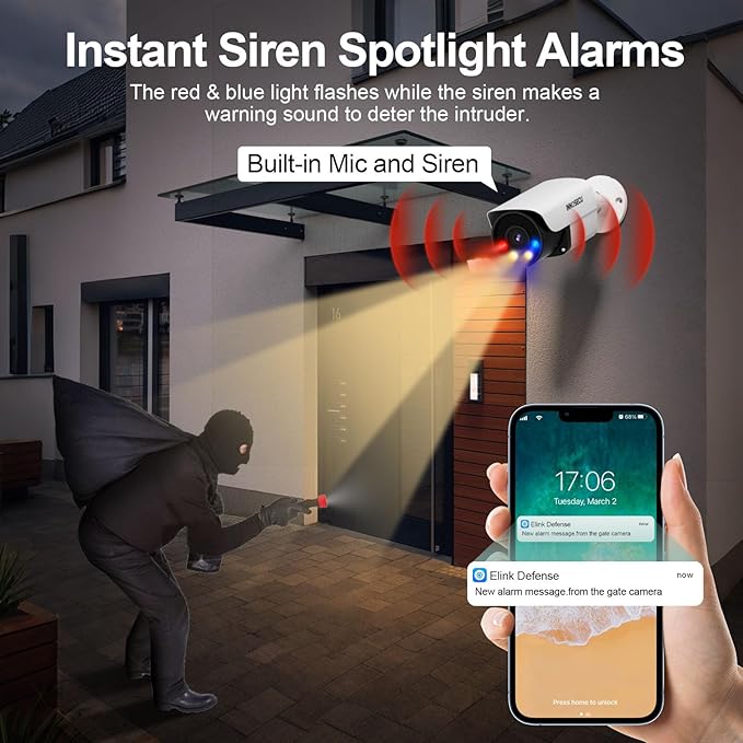 AI 8MP Bullet IP PoE Camera, 4K Security Surveillance Camera, Smart Instant Siren Alarm, Color Night Vision, Two-Way Audio, 2.8mm Lens 110°, Face Detection, Human&Vehicle Detection, INB8BD37D