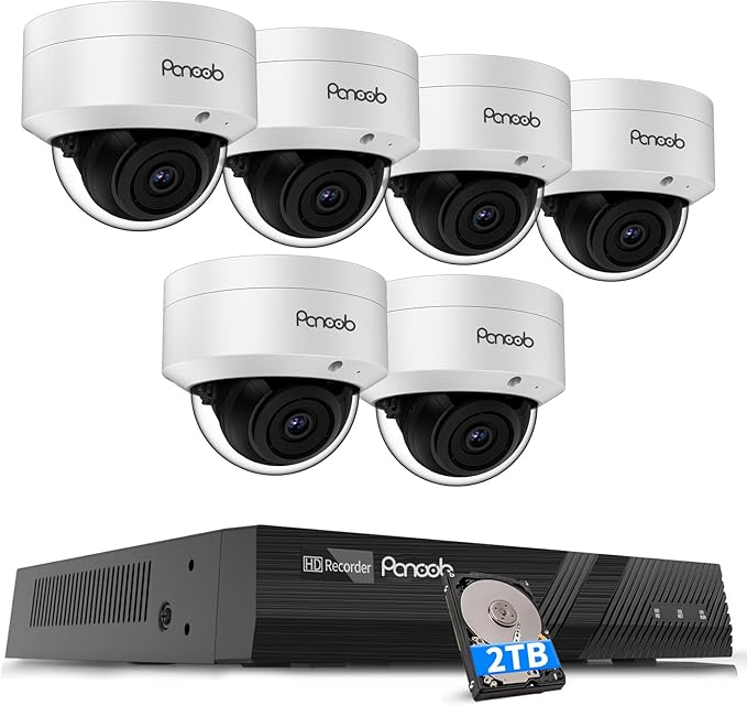 4K Security Camera System 8 Channel, 6X Wired 8MP IK10 Vandal Proof PoE Vandal Dome Cameras Outdoor Person Vehicle Detection, 100ft IR Night Vision, 4K 8CH PoE NVR with 2TB HDD, PD54A0608-8M2