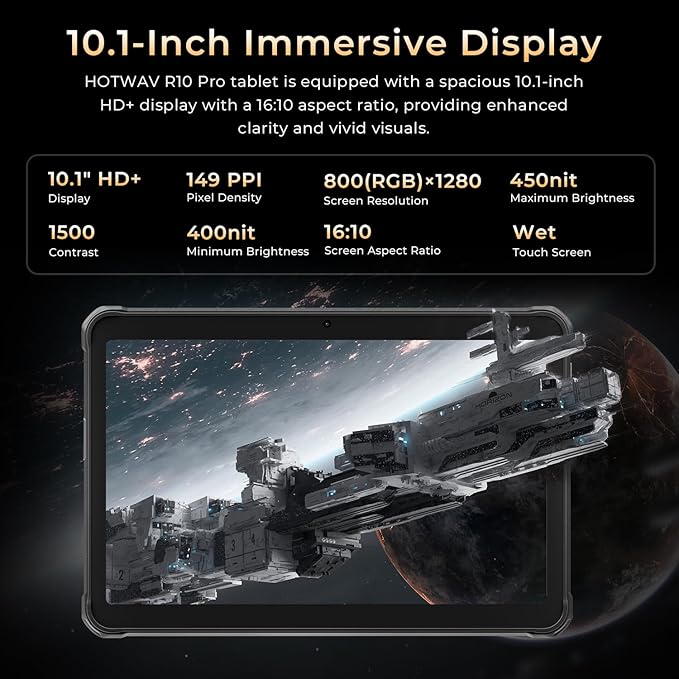 HOTWAV R10 Pro Rugged Tablet, 20GB + 256GB/TF 1TB Android 14 Tablet, 10.1inch HD+ Waterproof Tablets, 10800mAh Battery, 13MP Camera, Octa-Core/Dual SIM 4G/WLAN 5/IP68&IP69K/Face ID/GPS/OTG